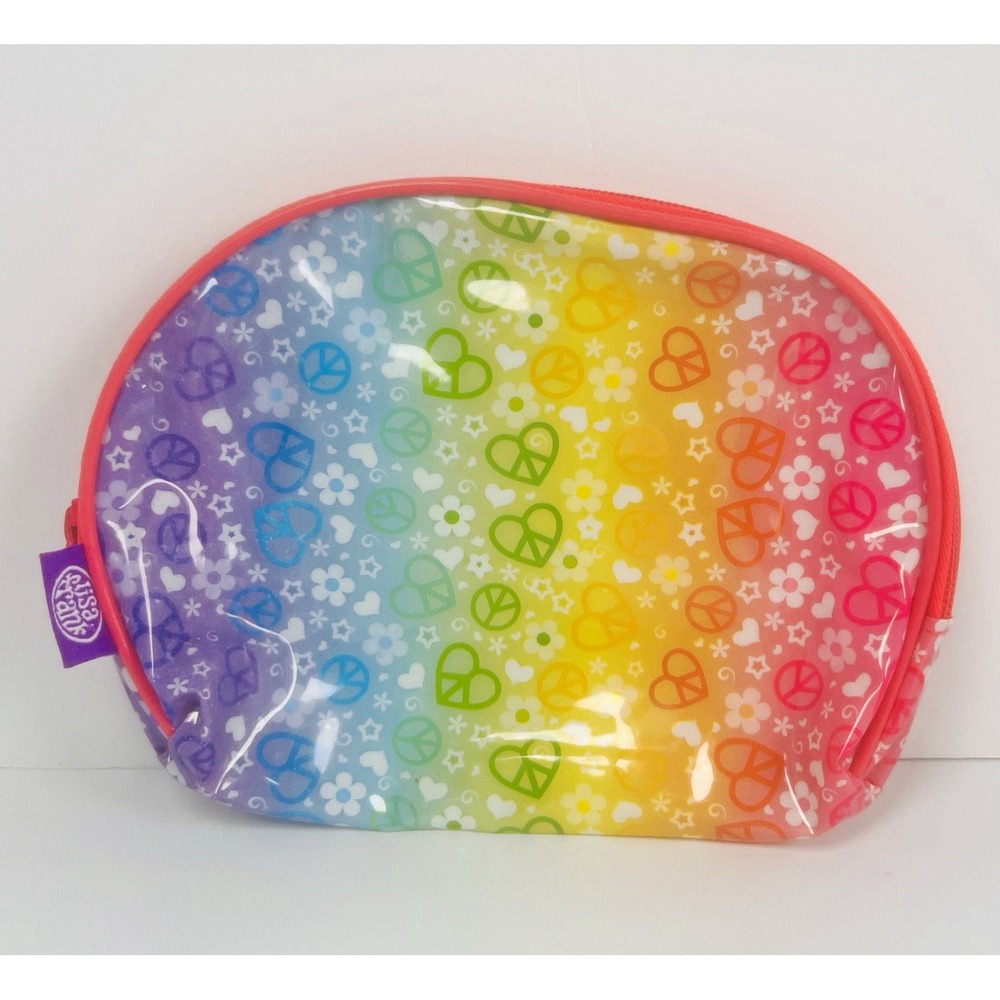 Lisa Frank Rainbow Peace Sign Heart Floral Makeup Bag PVC Zipper Pink Purple